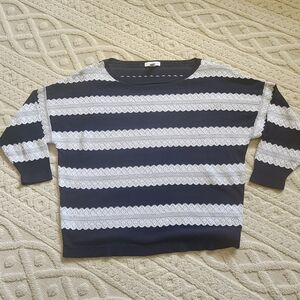 L Navy and White Striped Women's Sweater